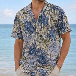 Club Room Blue and Beige Leaf Print Shirt, Vacation, Cruise, Spring and Summer